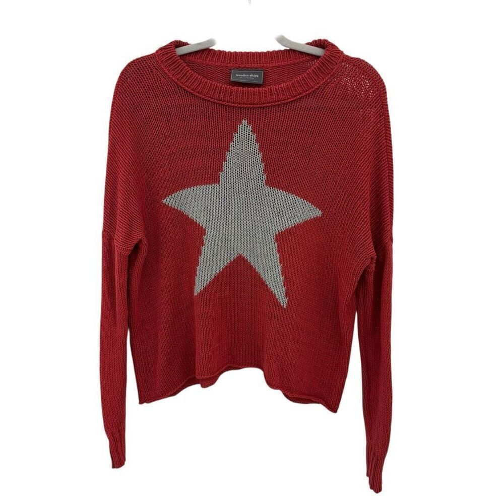 Wooden Ships Americana Star Sweater Size XS Small Cotton Blend Red Open Knit